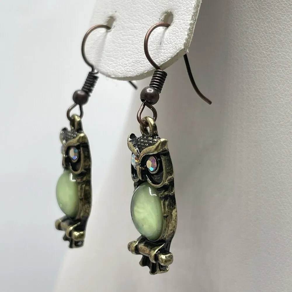 Cute Boho Iridescent Green Rhinestone Owl Dangle Earrings Fun Statement